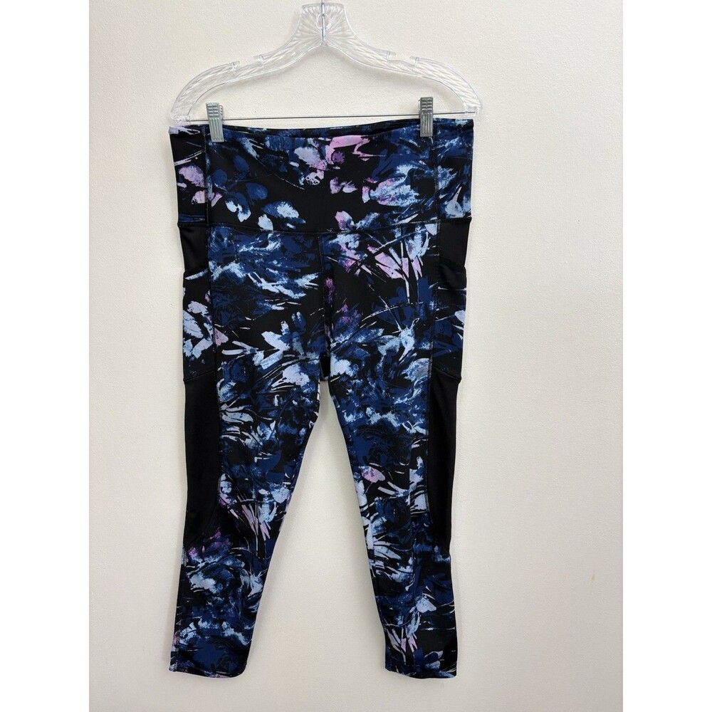 TKO Womens Plus Size 2X Leggings Blue Abstract Floral Capri Pockets Athletic